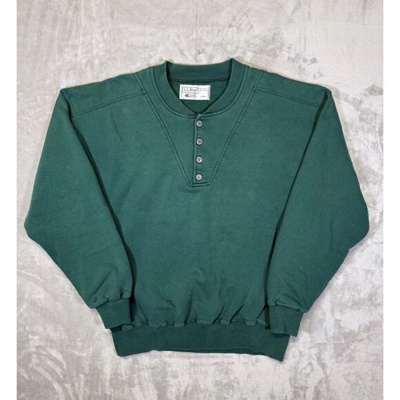 Vintage 90s LL Bean by Russell Athletic Green Pullover Henley Sweatshirt Buttons - Picture 1 of 8